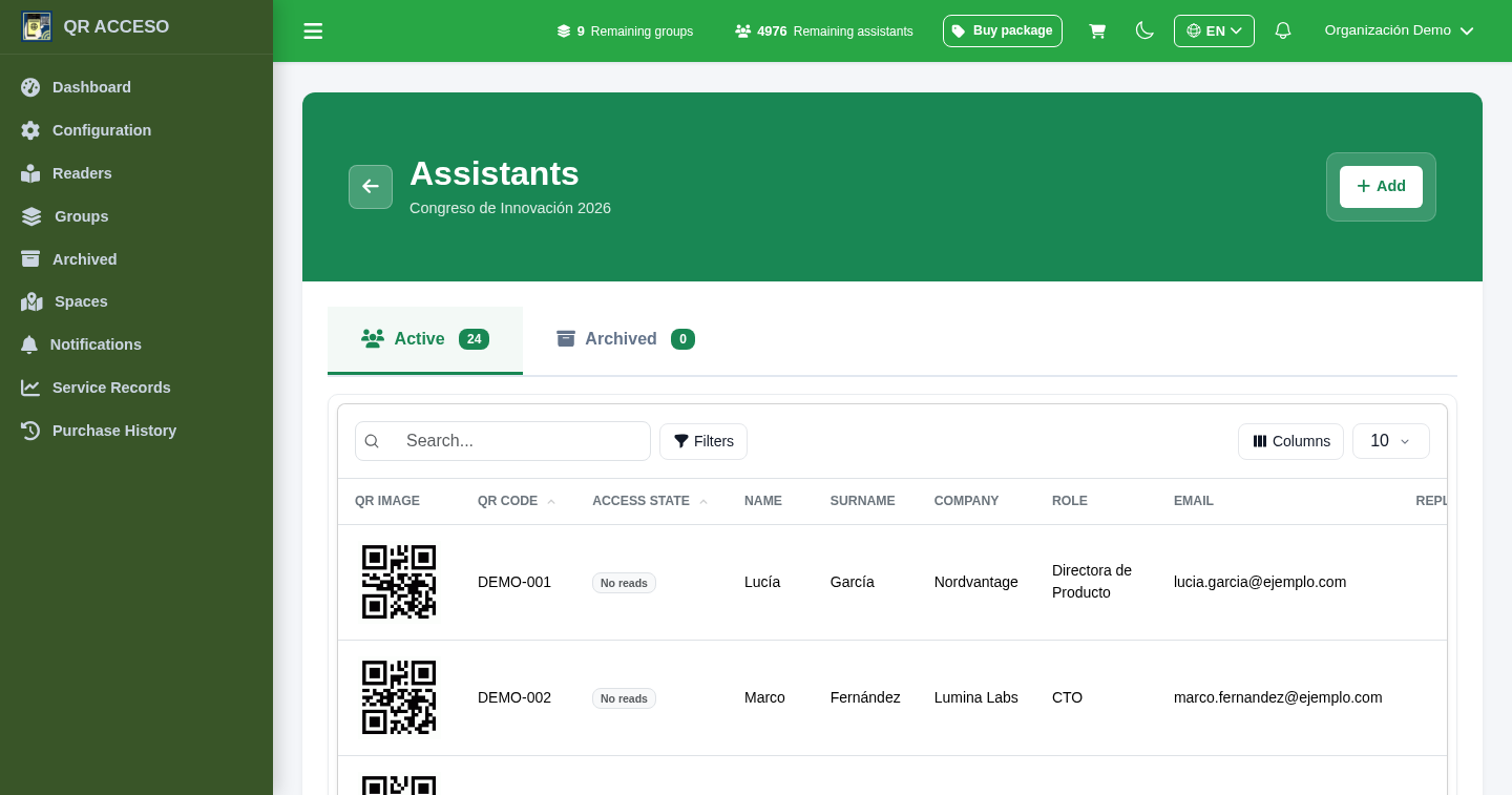 QRACCESS control panel showing the list of assistants for an event