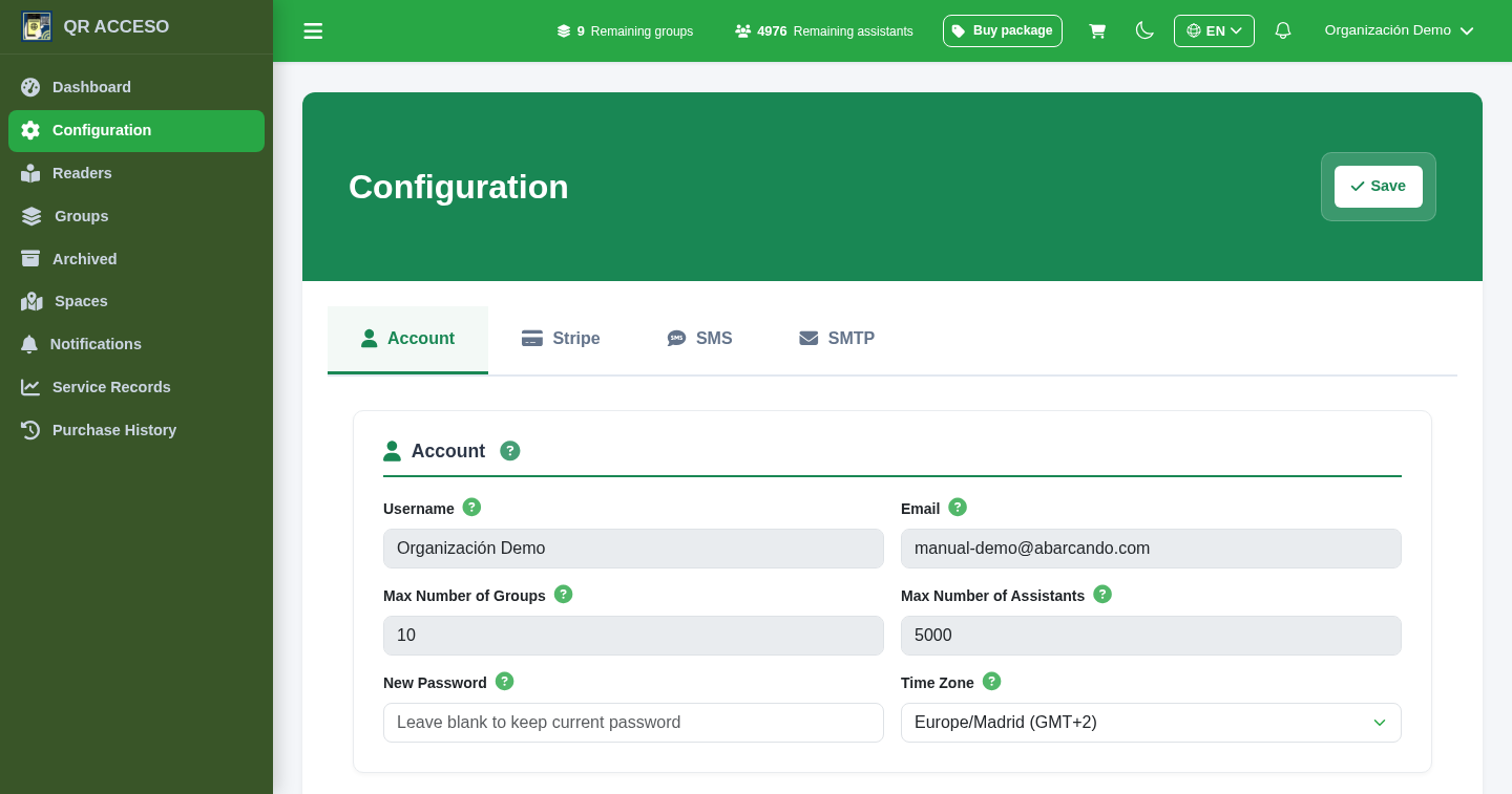 Account configuration screen in QRACCESS