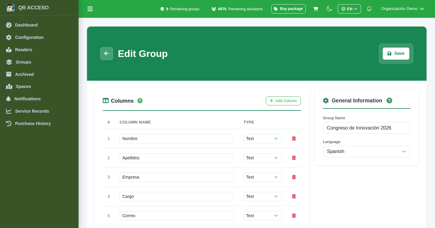 Editing a group and its custom fields in QRACCESS