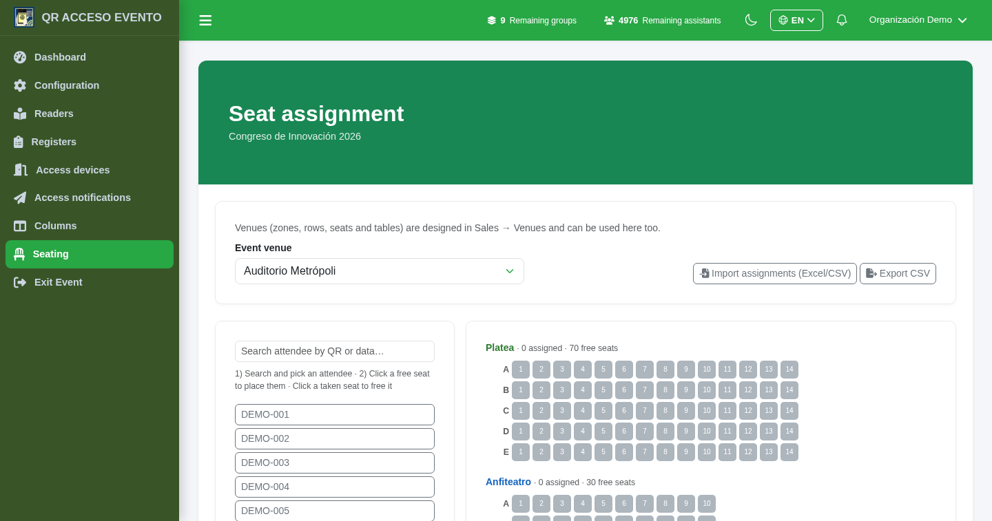 Assigning seats to assistants on the venue plan in QRACCESS