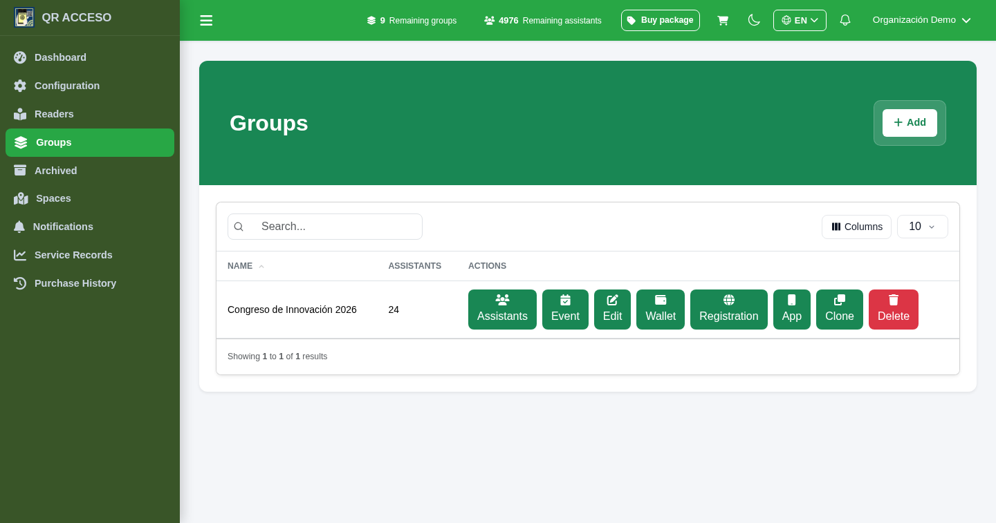 List of groups in the QRACCESS dashboard with the actions for each group
