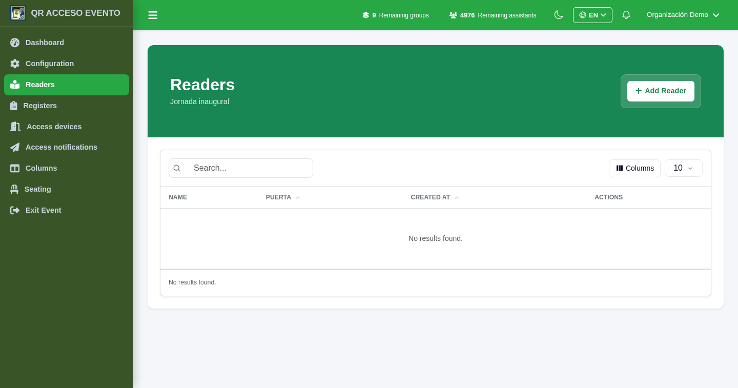 Managing an event's readers in QRACCESS