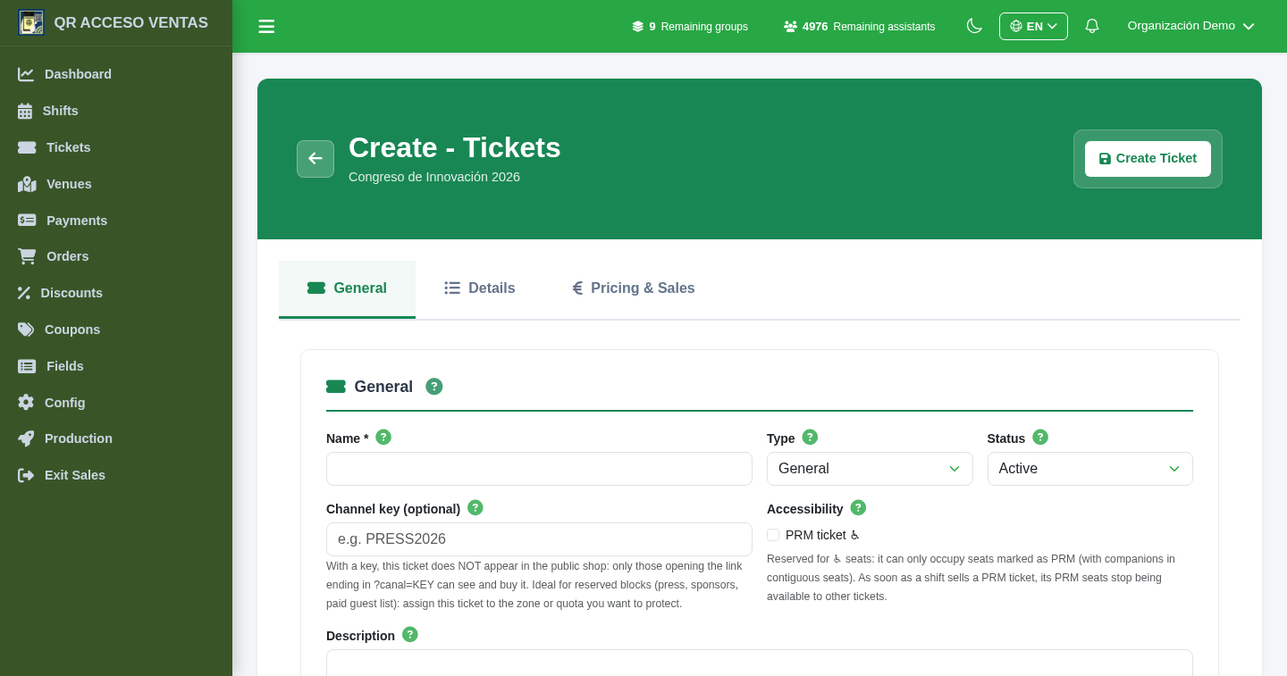 Form for creating a ticket type in Tickets10
