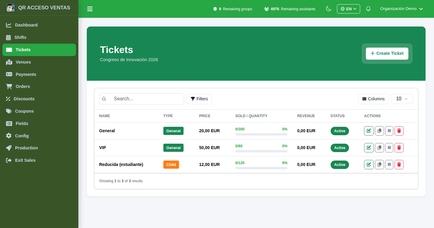 List of ticket types in Tickets10, with price and sold count