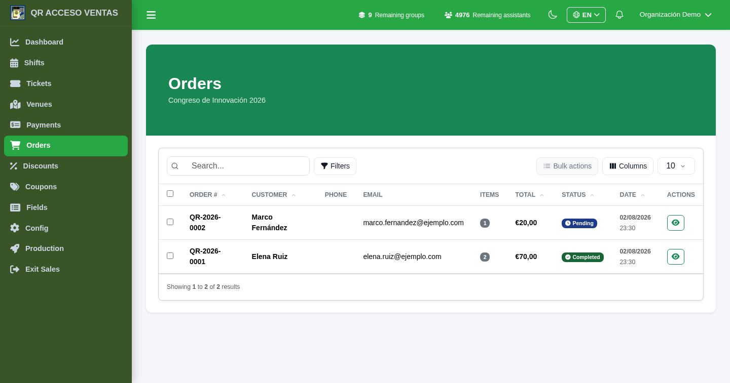 List of sales orders in Tickets10