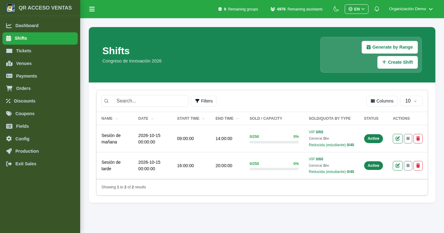 Sales shifts (sessions) with date, capacity and quotas in Tickets10